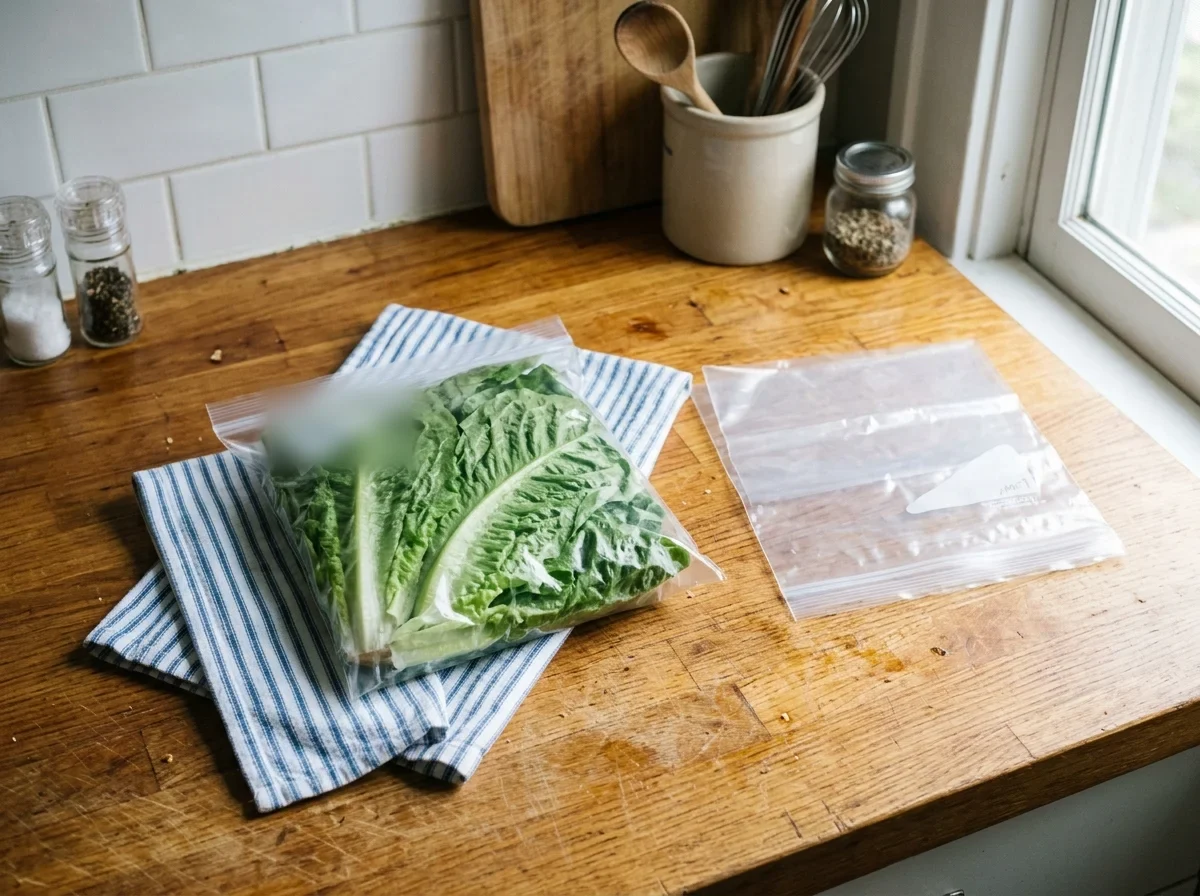 Washed lettuce leaves packed flat in a plain freezer bag with the air pressed out.