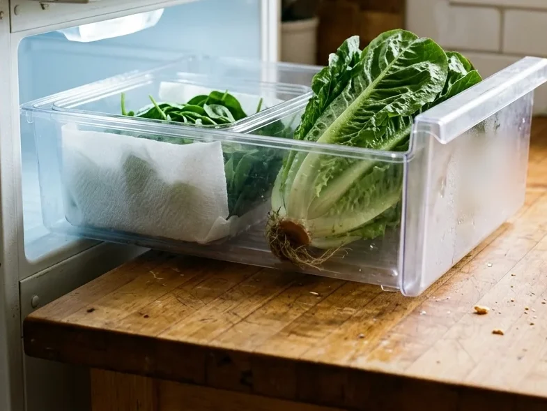 A whole unwashed head of lettuce in an open crisper drawer, the way to store lettuce well.
