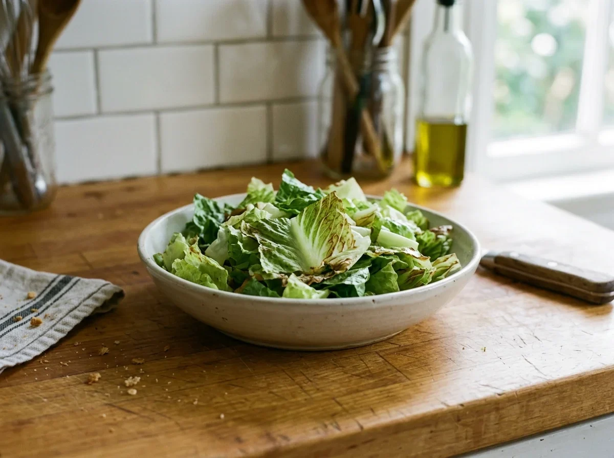 Chopped lettuce in a bowl with fine brown lines along a few cut edges.