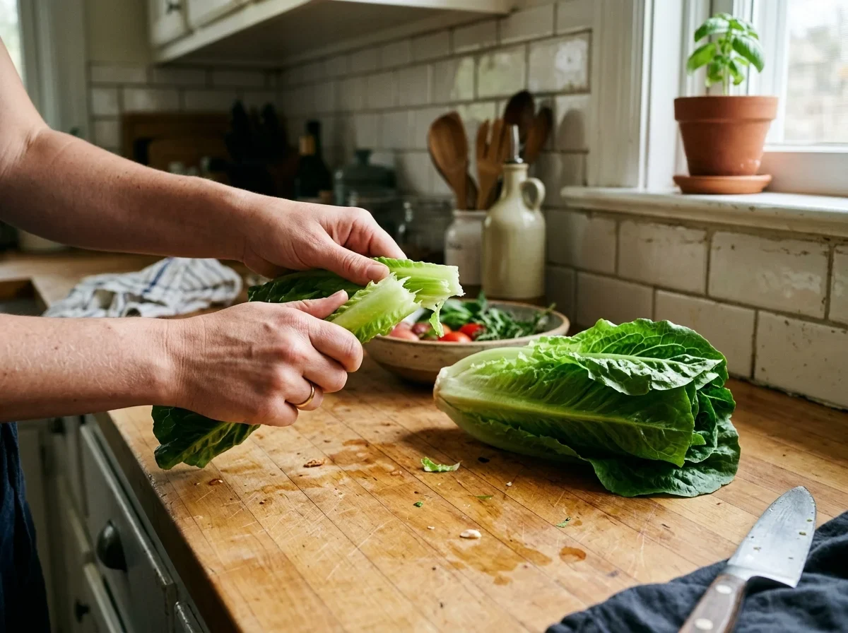 A romaine lettuce rib snapping in half with a clean, bright break.