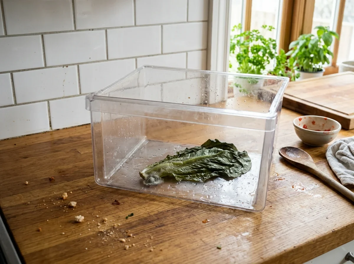 A darkened, collapsed lettuce leaf with a wet, slack surface in a crisper drawer.