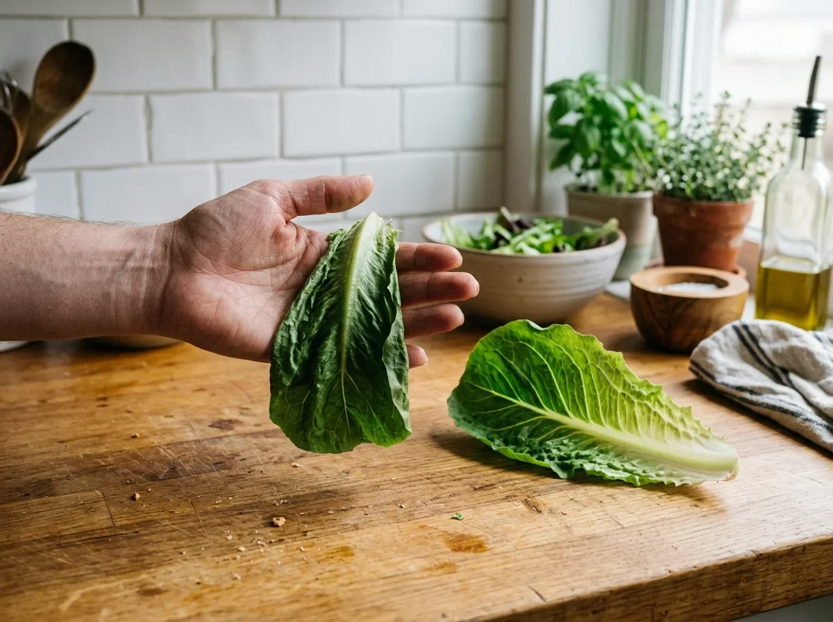 A limp lettuce leaf drooping over an open hand instead of holding its shape.