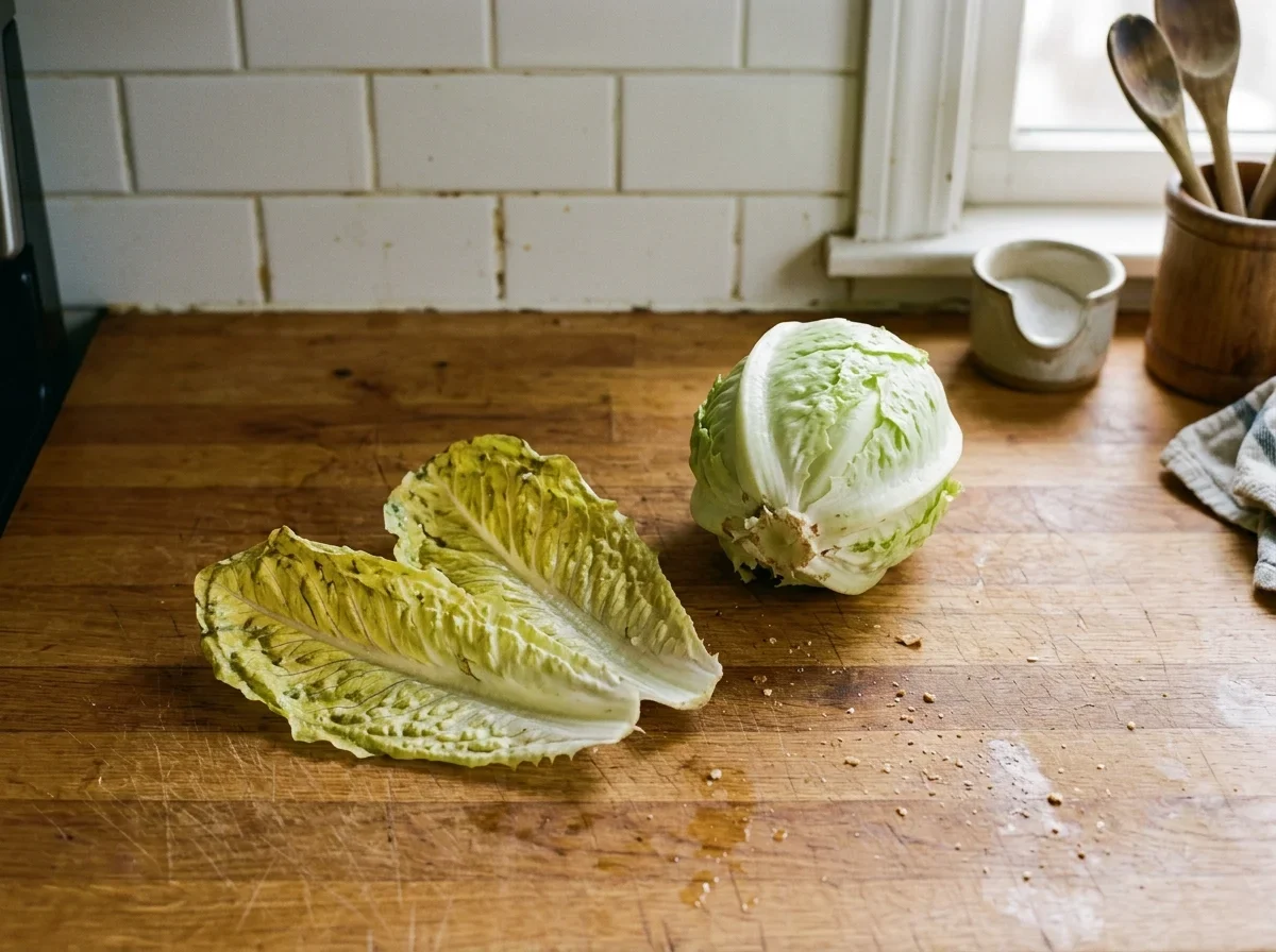 Two yellowed outer lettuce leaves pulled off a pale green head.
