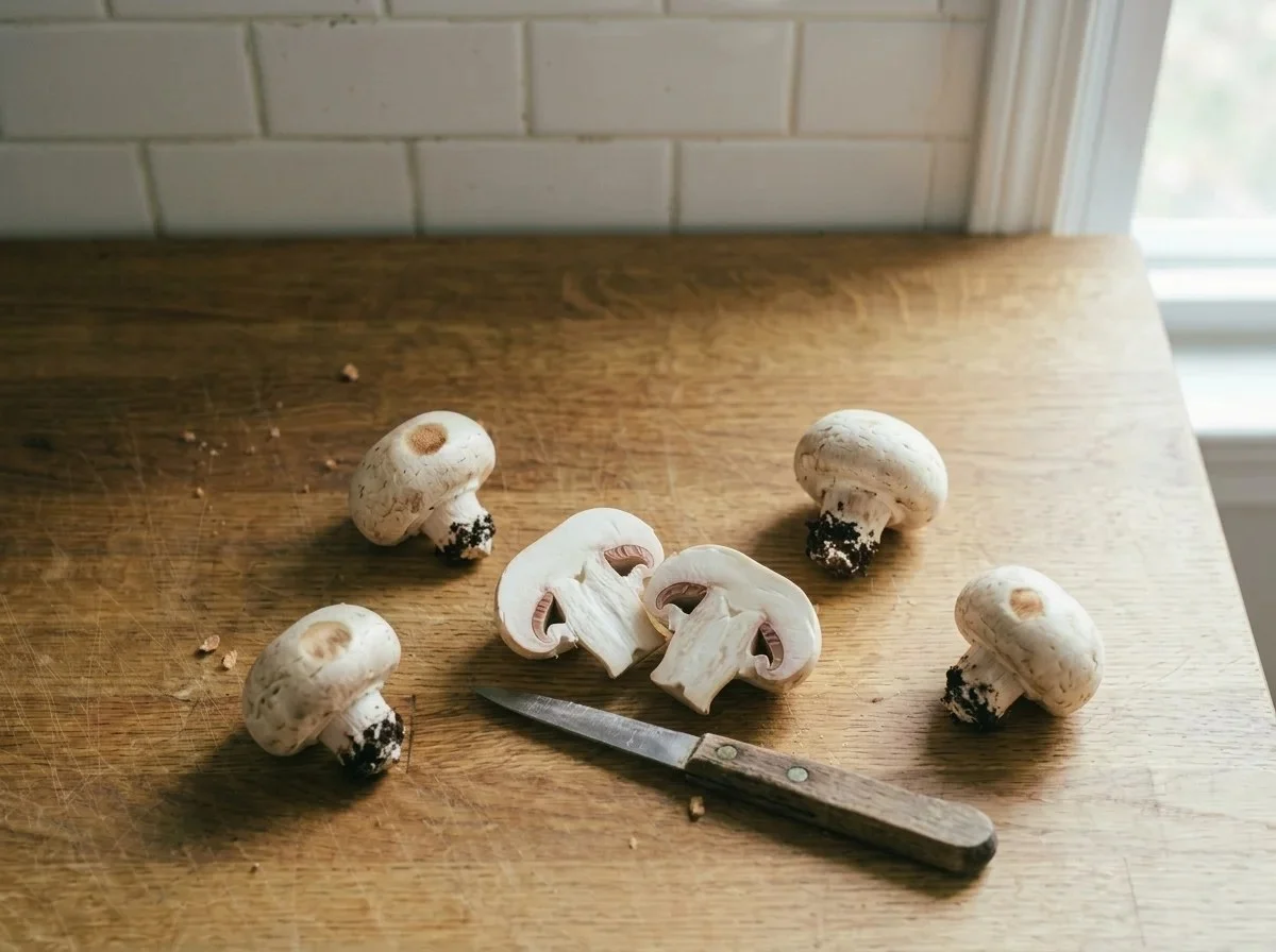 White mushrooms with small brown bruise marks on the caps, still firm, beside a paring knife.