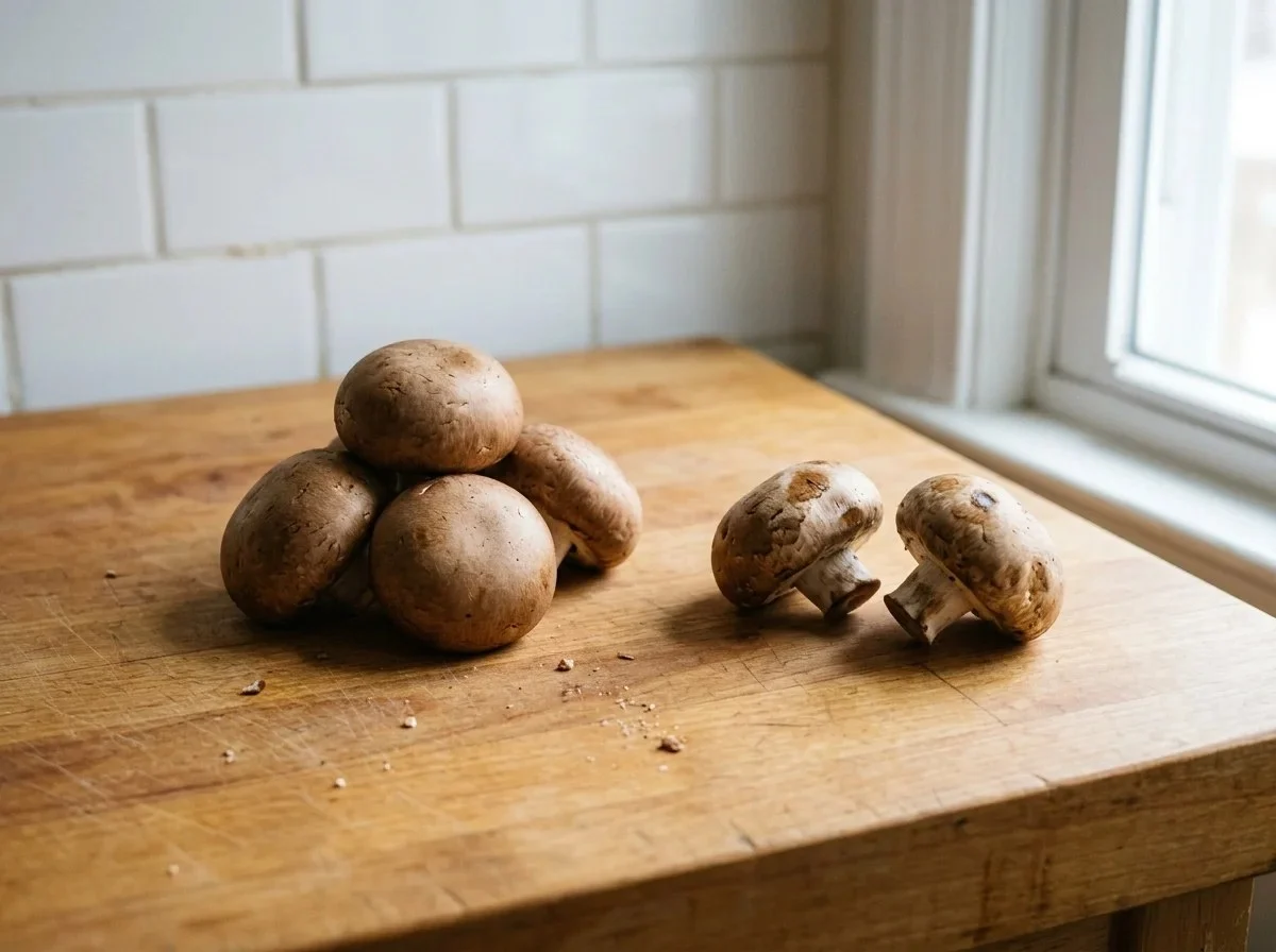 Choosing mushrooms: a pile of firm, smooth cremini mushrooms beside two older ones with dark spots on the caps.