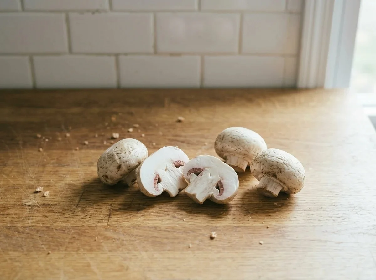 Fresh mushrooms: white button mushrooms with smooth closed caps, two cut in half to show firm white flesh.