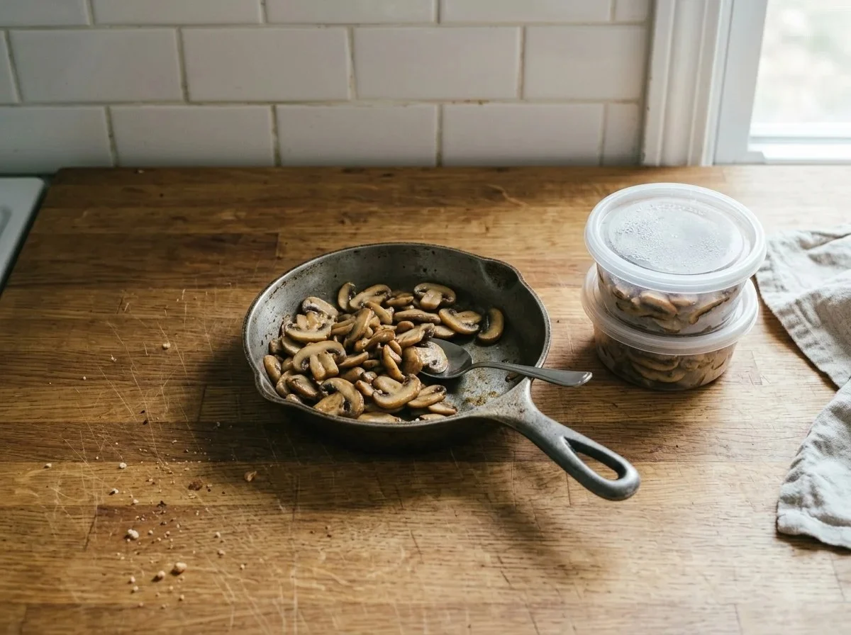Freezing mushrooms: sauteed sliced mushrooms cooling in a skillet beside two freezer containers of cooked mushrooms.