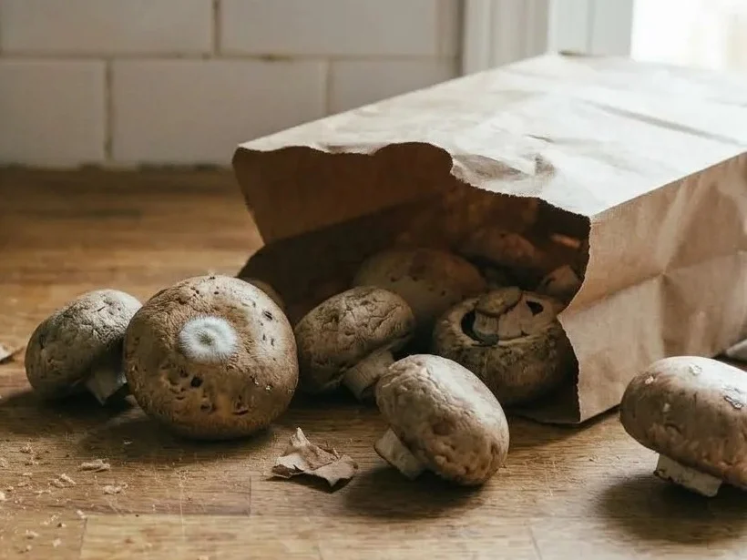 Mold on mushrooms: cremini mushrooms spilling from a paper bag, one with a small patch of white fuzz on the cap.