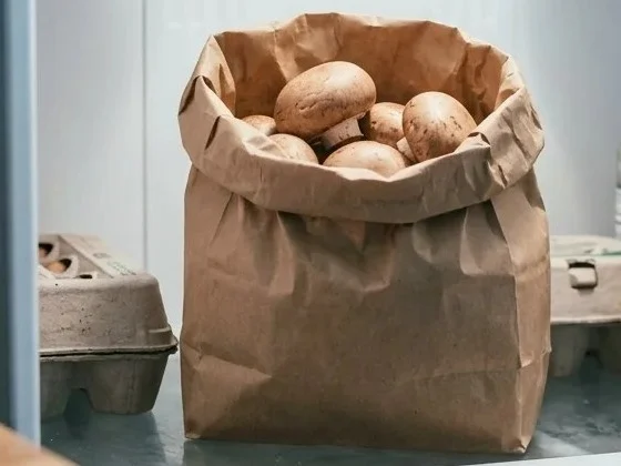 How to store mushrooms in the fridge: cremini mushrooms in an open brown paper bag on a refrigerator shelf.