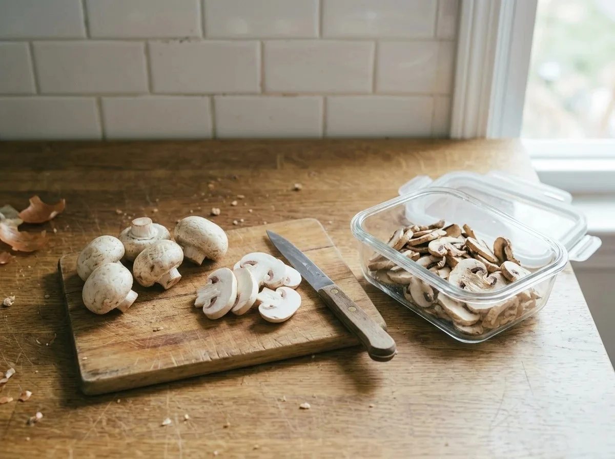 How to store sliced mushrooms: fresh slices on a board beside a container of day-old slices turning brown at the edges.