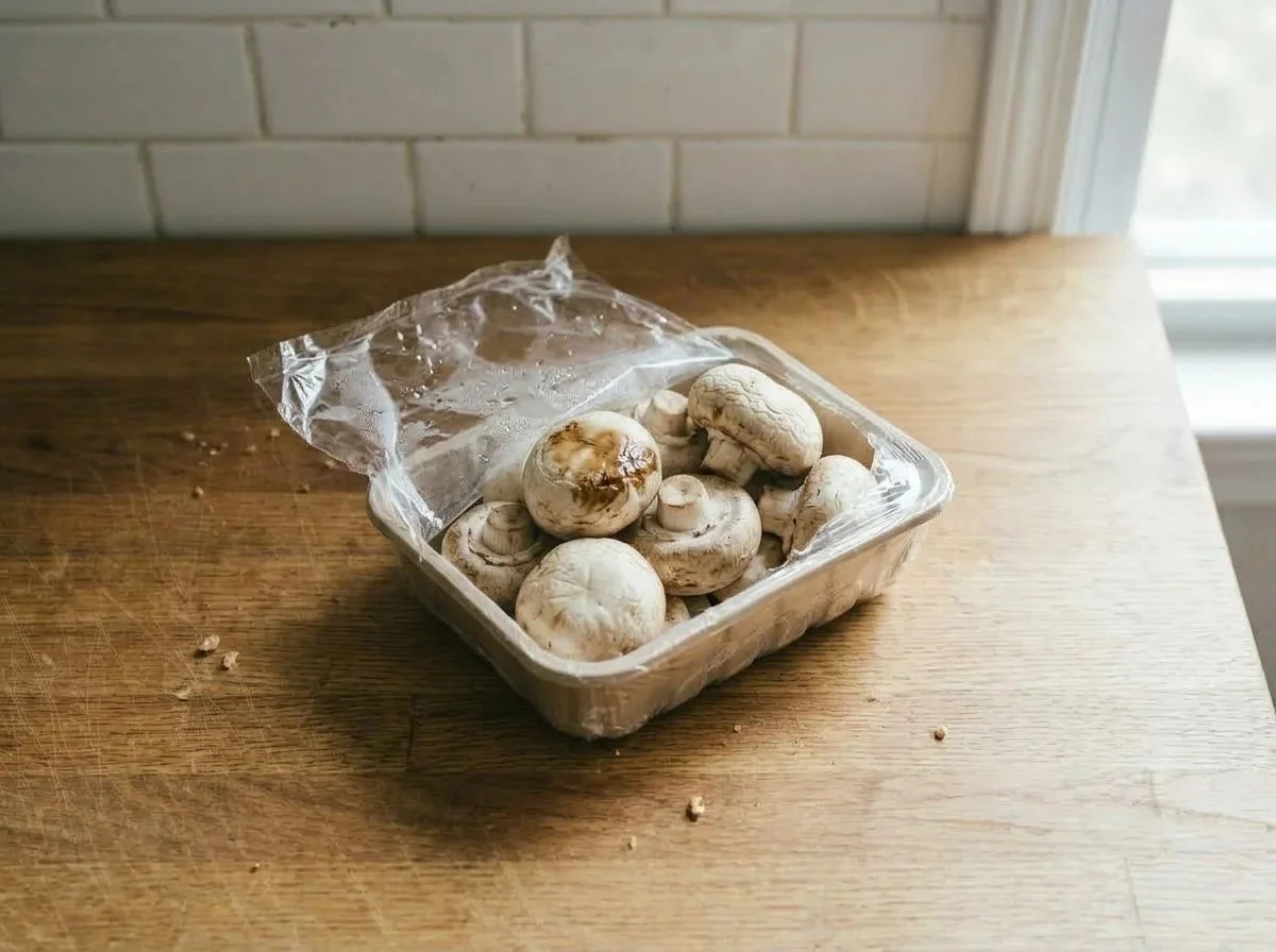 Slimy mushrooms: an opened plastic-wrapped tray of white mushrooms with dark, wet patches on some caps.
