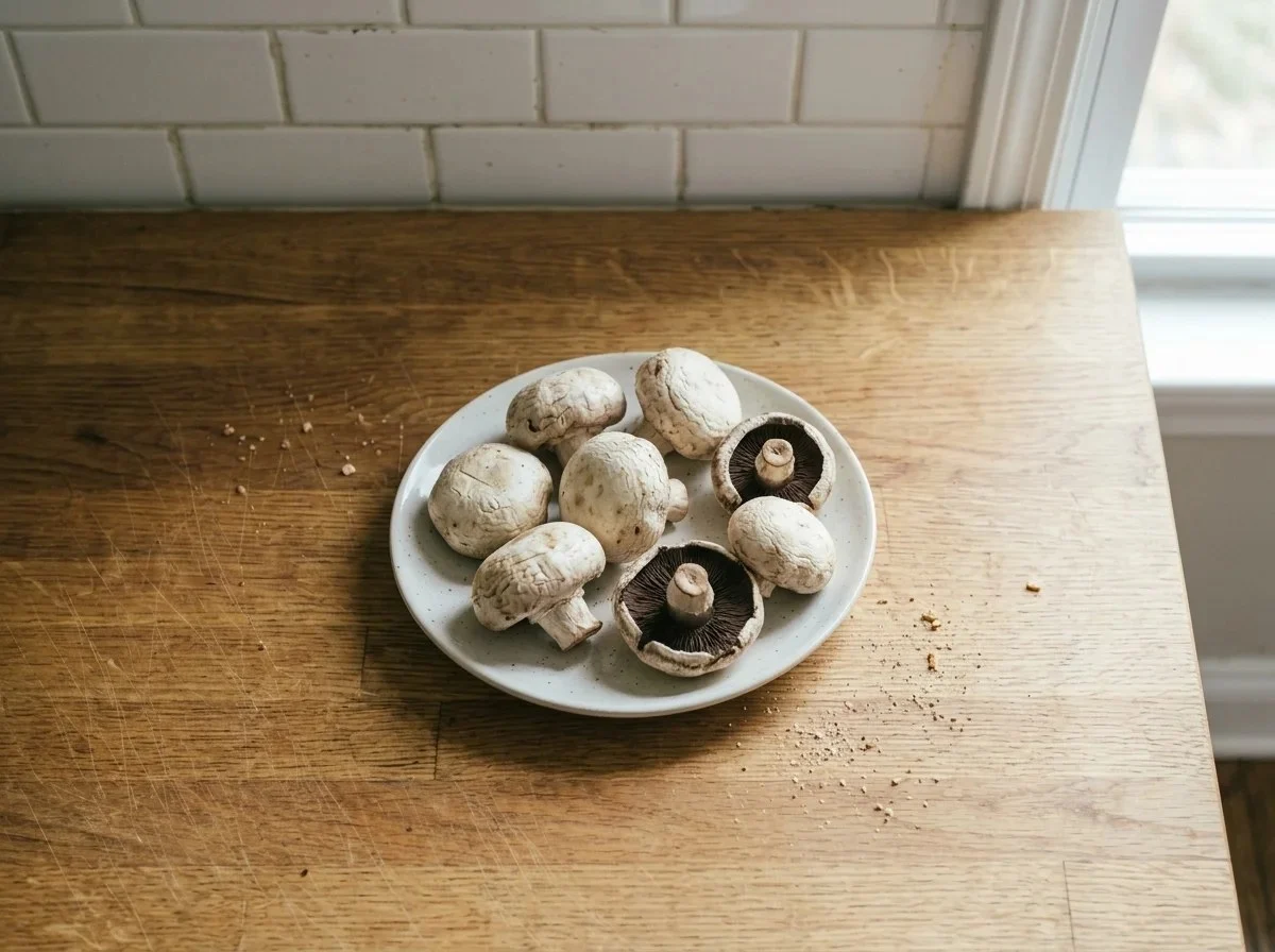 Older white mushrooms on a plate with dry, slightly wrinkled caps and opened dark gills.