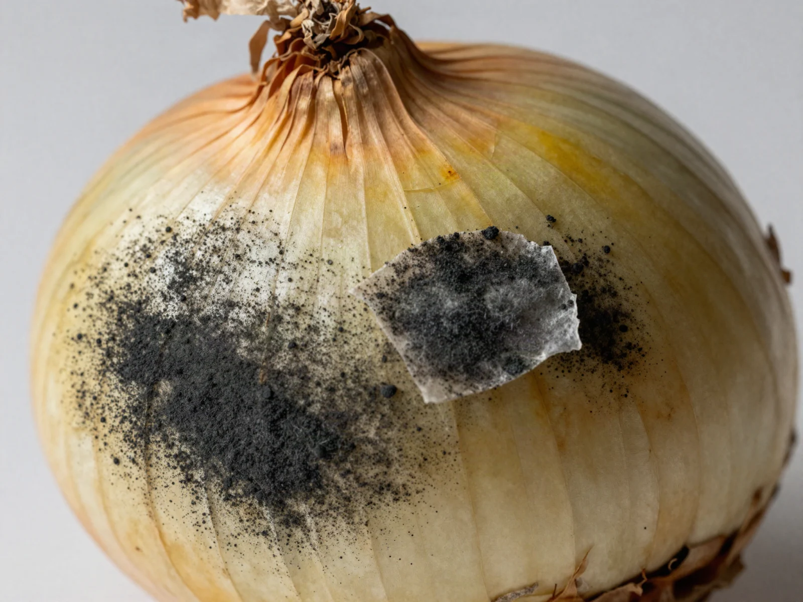 Black mold on onions: a yellow onion with black powdery mold on and under its dry outer skin