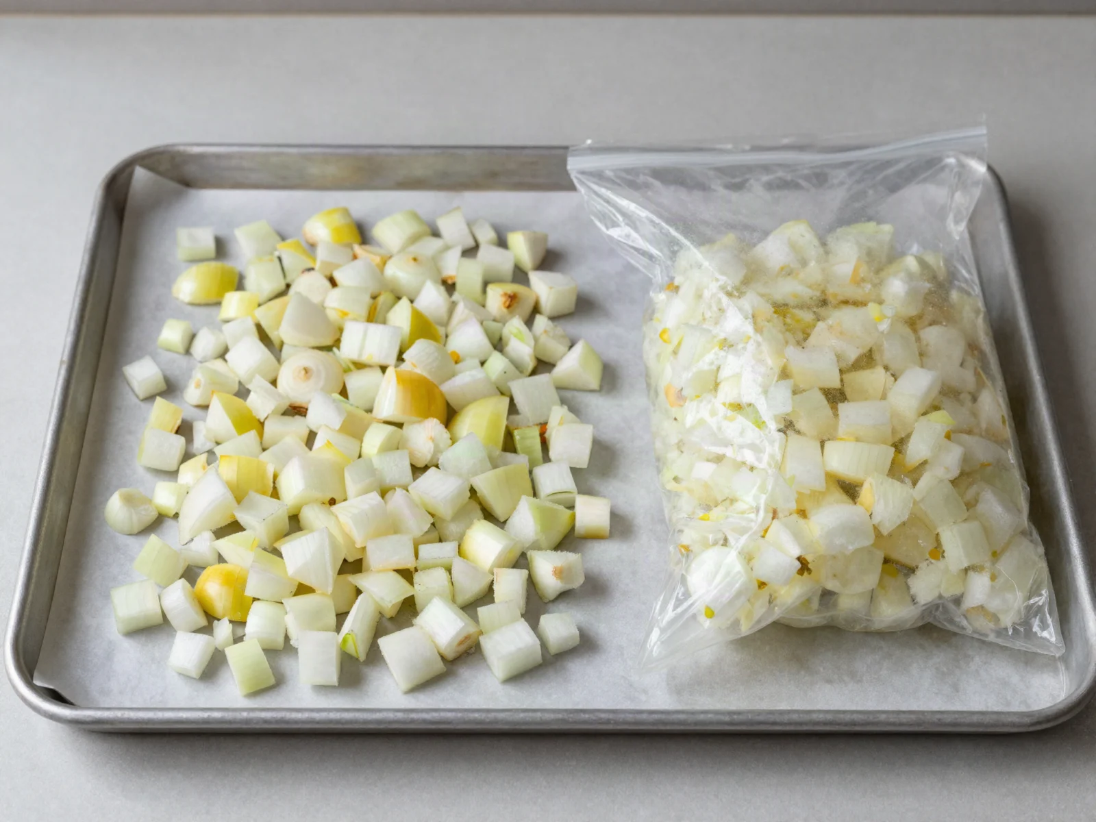 Freezing onions: diced yellow onion spread on a lined baking tray beside a freezer bag of frozen diced onion