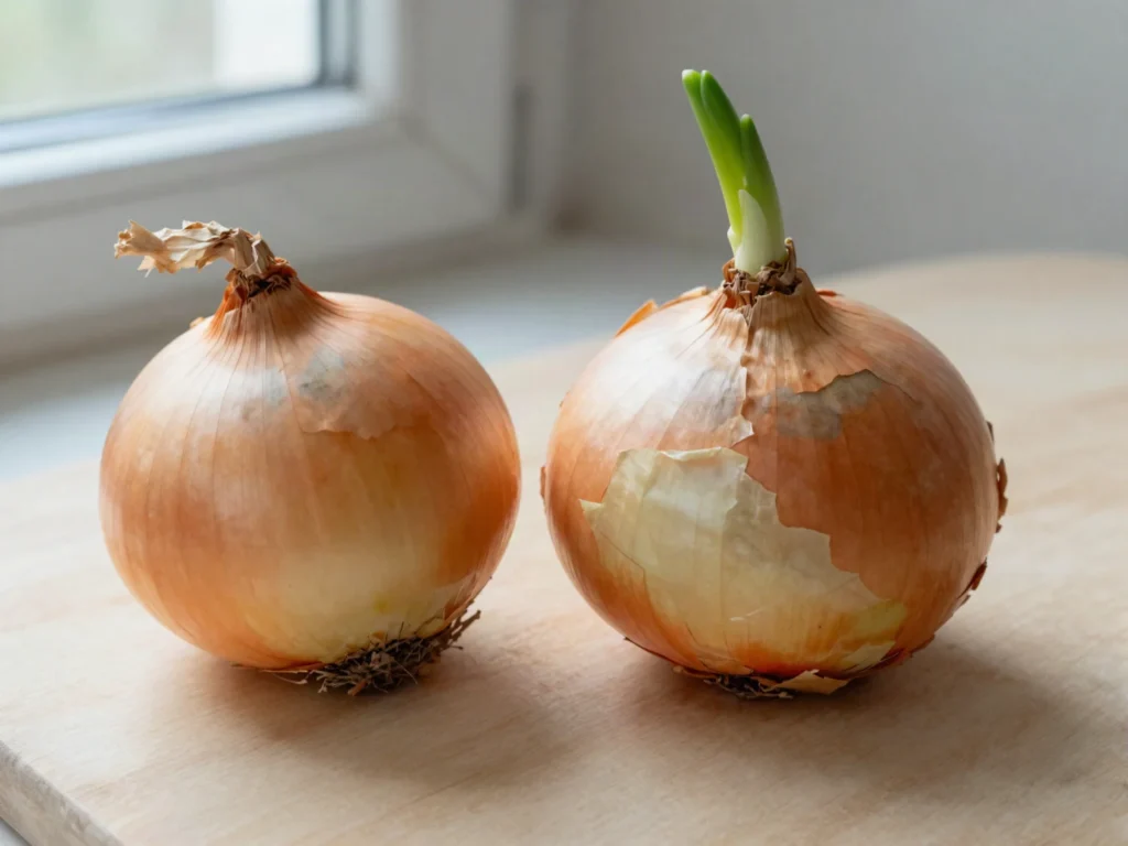 How to choose onions: a firm yellow onion with dry papery skin beside an older onion with loose skin and a green sprout