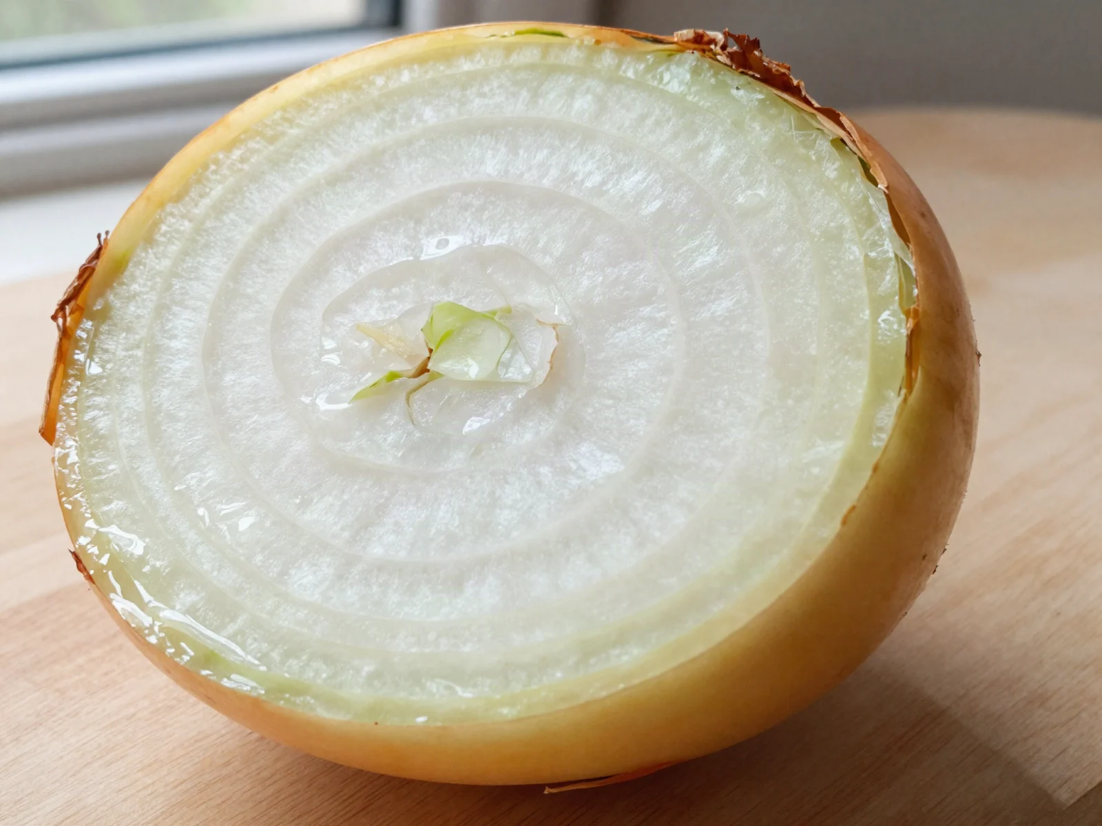 A fresh yellow onion cut in half showing crisp white rings, the way well-stored onions look inside