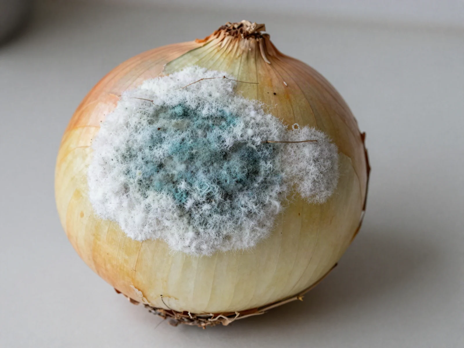A whole yellow onion with fuzzy white and blue-green mold on its skin
