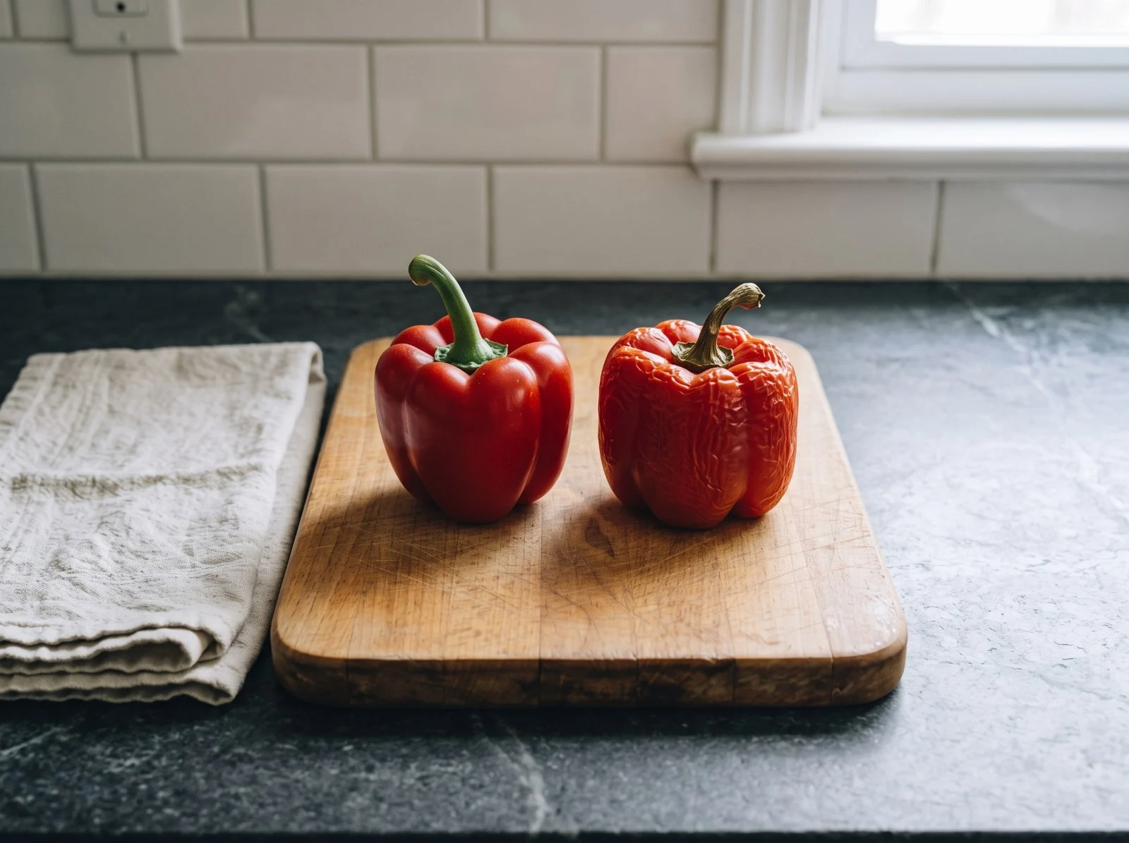Choosing peppers: a firm, glossy red bell pepper with a green stem next to an older red pepper with wrinkled skin and a dried stem.