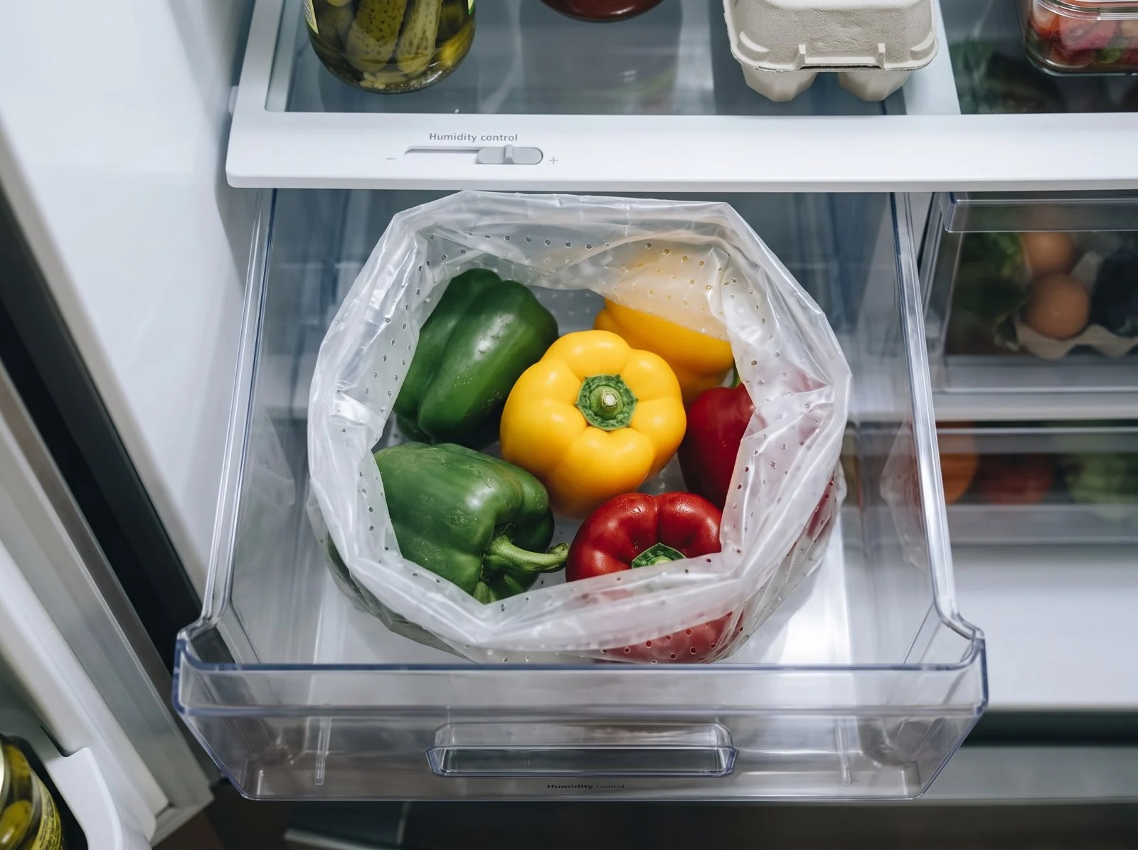 How to store peppers in the fridge: whole, unwashed bell peppers in a perforated produce bag in the crisper drawer.