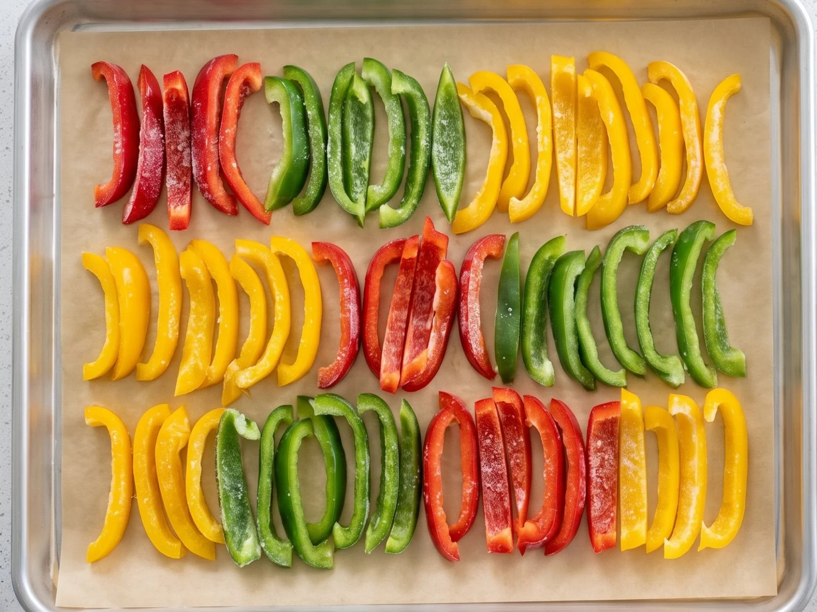 Freezing peppers: red, green and yellow pepper strips frozen in a single layer on a parchment-lined baking sheet.