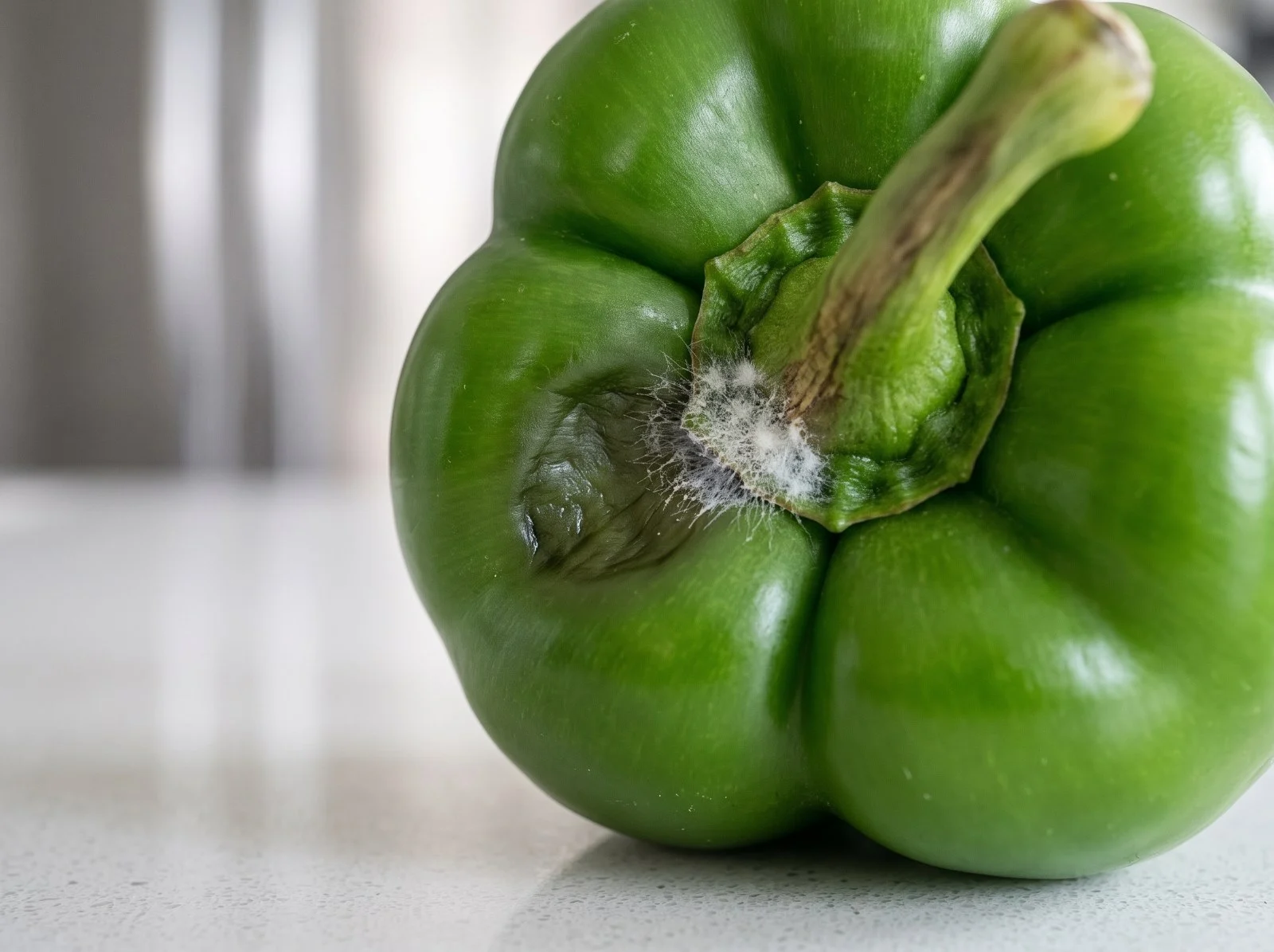 Mold on peppers: a green bell pepper with white fuzzy mold around the stem and a sunken soft spot beside it.
