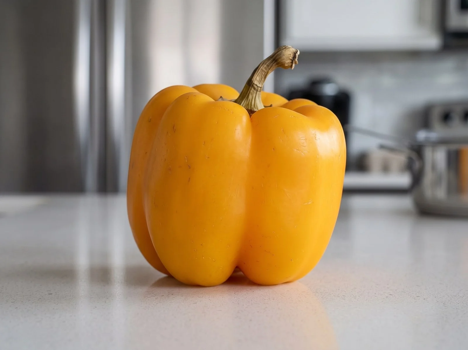 Older peppers can still be good: a yellow bell pepper with a dried brown stem and a few surface marks, still firm and holding its shape.