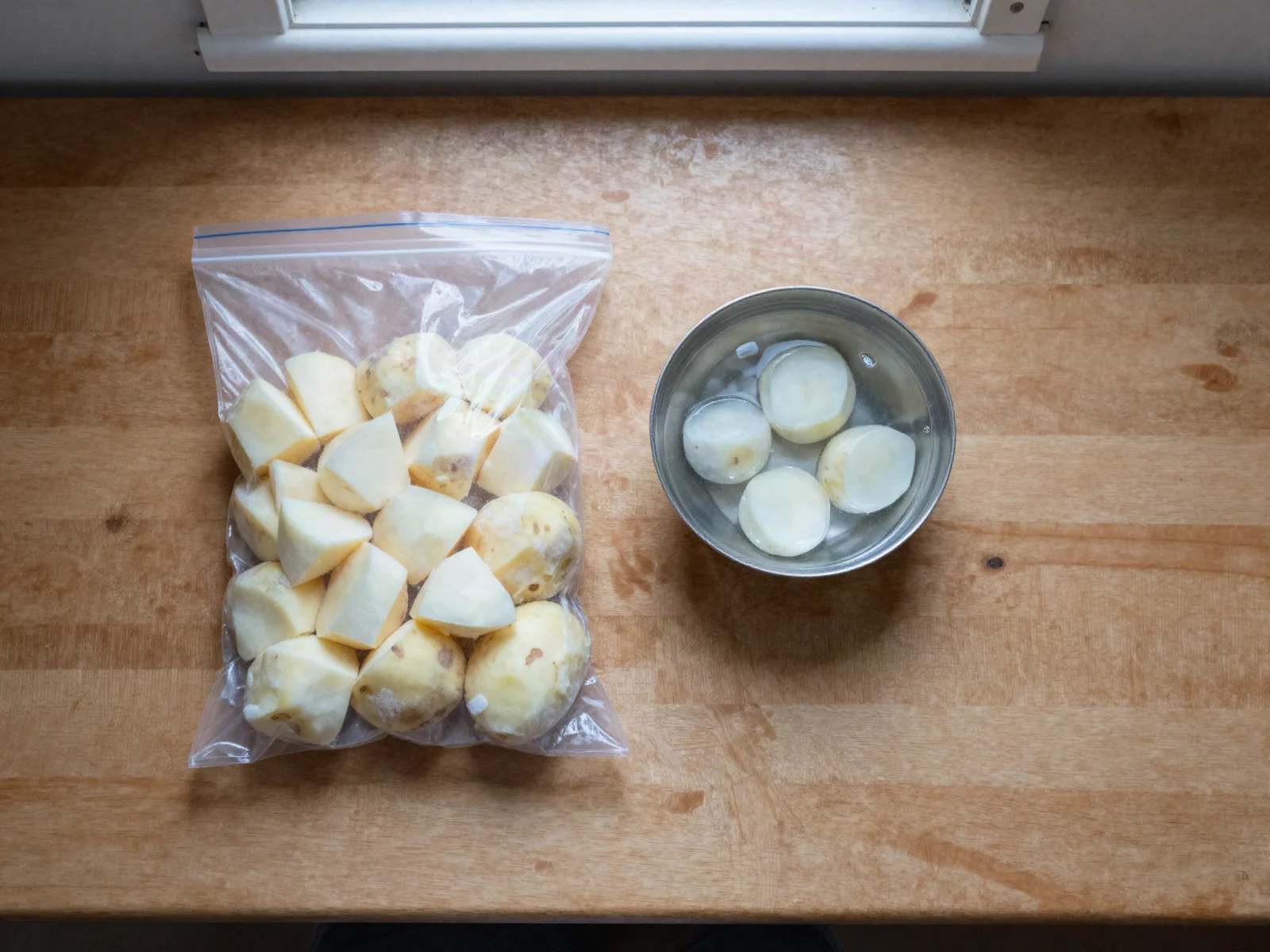 Freezing potatoes: peeled potato pieces packed in a freezer bag, with blanched pieces cooling in a bowl of water.