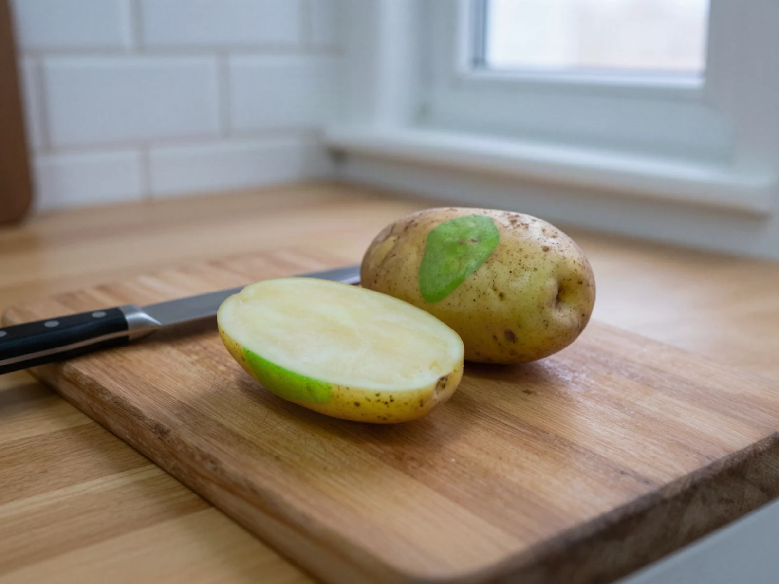 Green potatoes: a potato with a green patch on its skin beside a cut half showing green just under the skin.