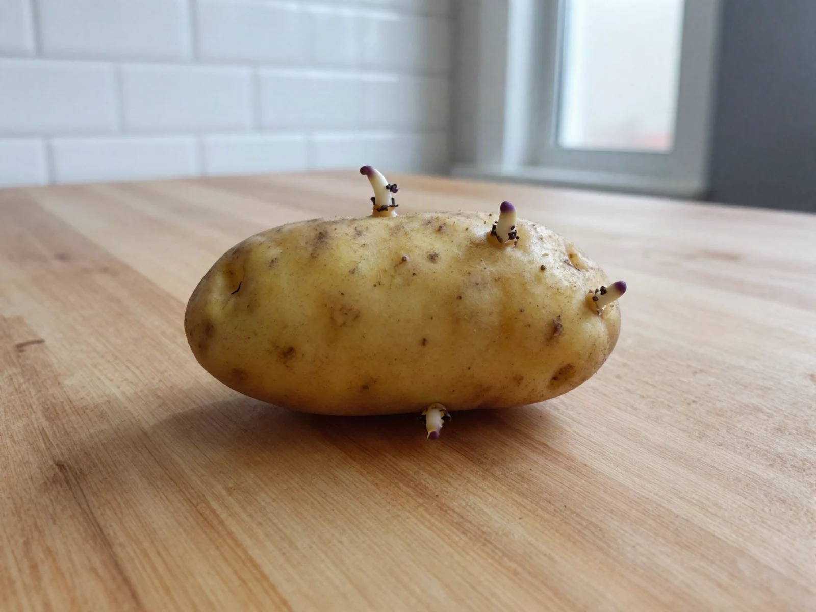 Sprouted potatoes: a firm potato with short purple-tipped sprouts growing from its eyes.