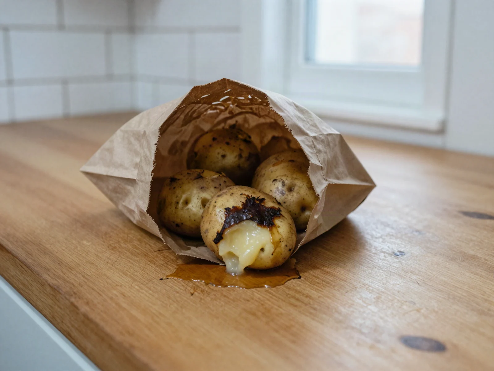 A rotting potato with a dark sunken patch and oozing flesh, leaking into a paper bag.