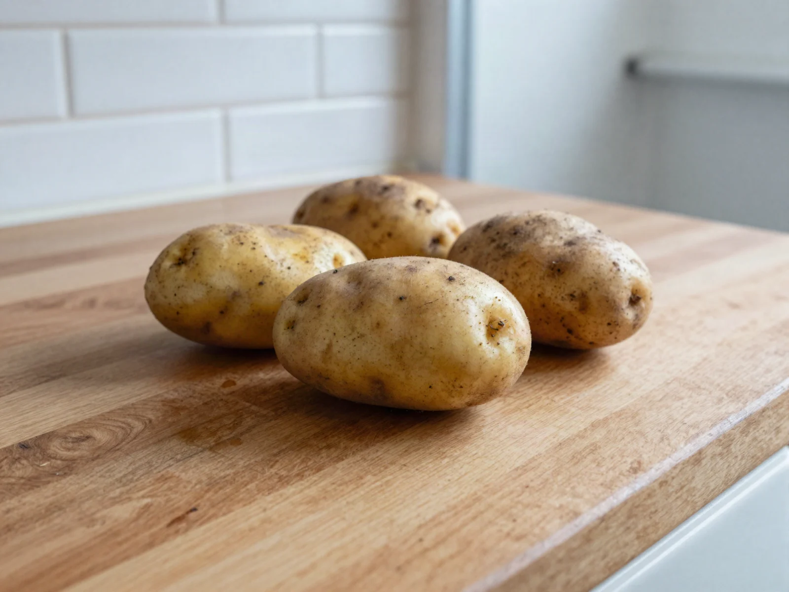 Four fresh, firm, unwashed potatoes on a butcher-block counter.