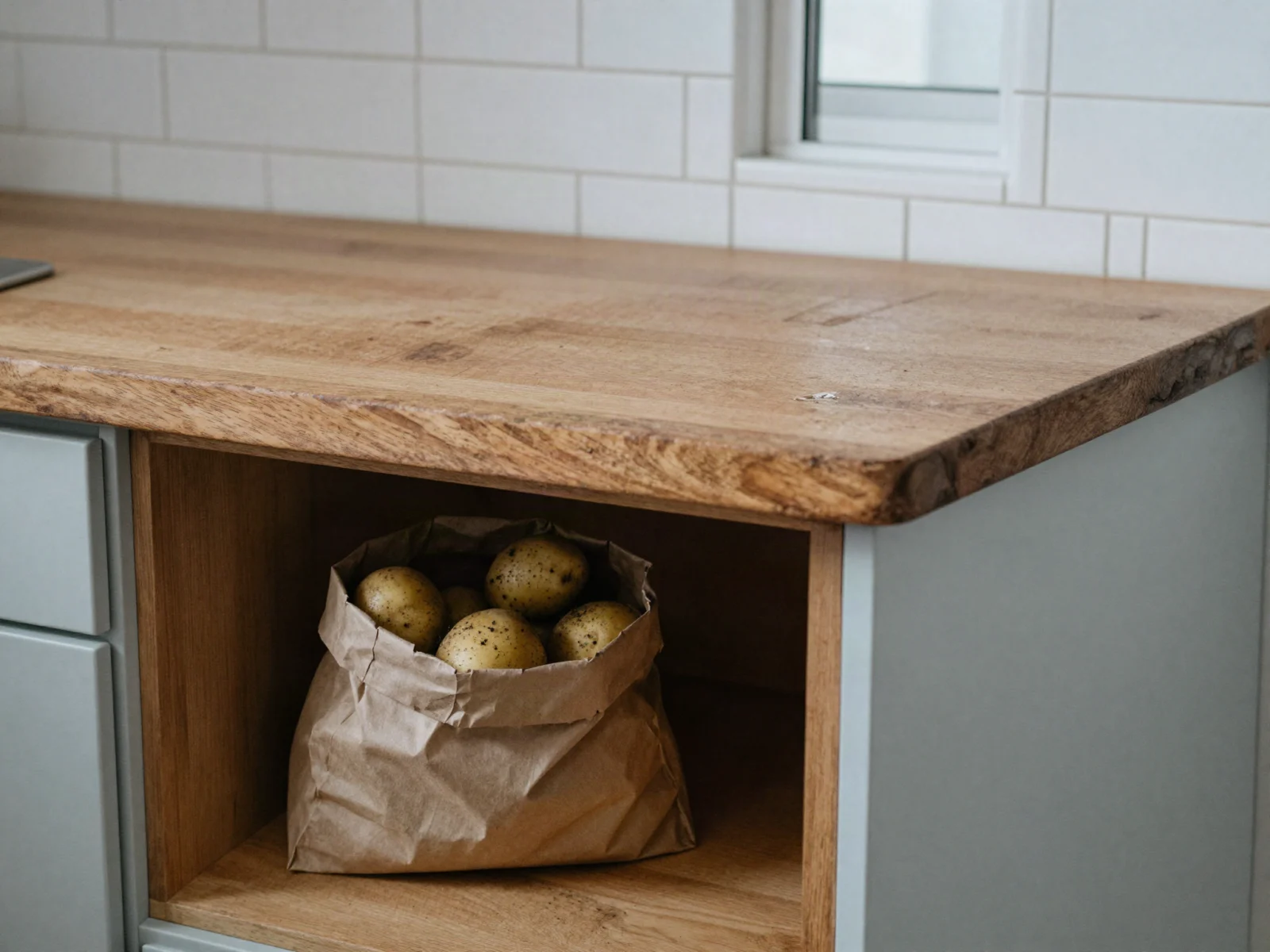 How to store potatoes: potatoes in a brown paper bag on a shelf under the kitchen counter