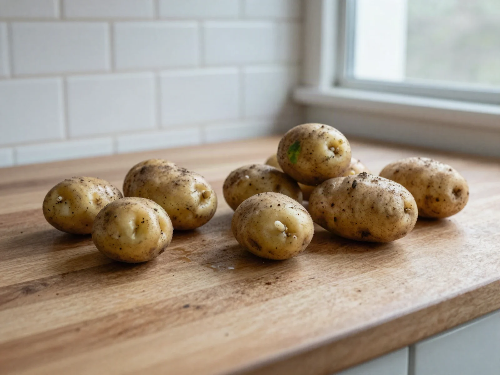 Unwashed potatoes on a kitchen counter, several with small sprouts at the eyes and one with a green patch.