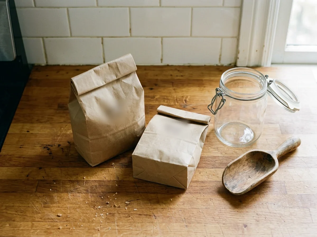 A plain bag of white rice and a smaller bag of brown rice beside an empty glass jar.