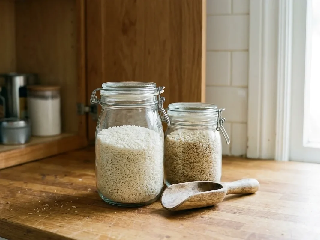A clamp-lid glass jar in front of an open cupboard, the simplest way to store rice.