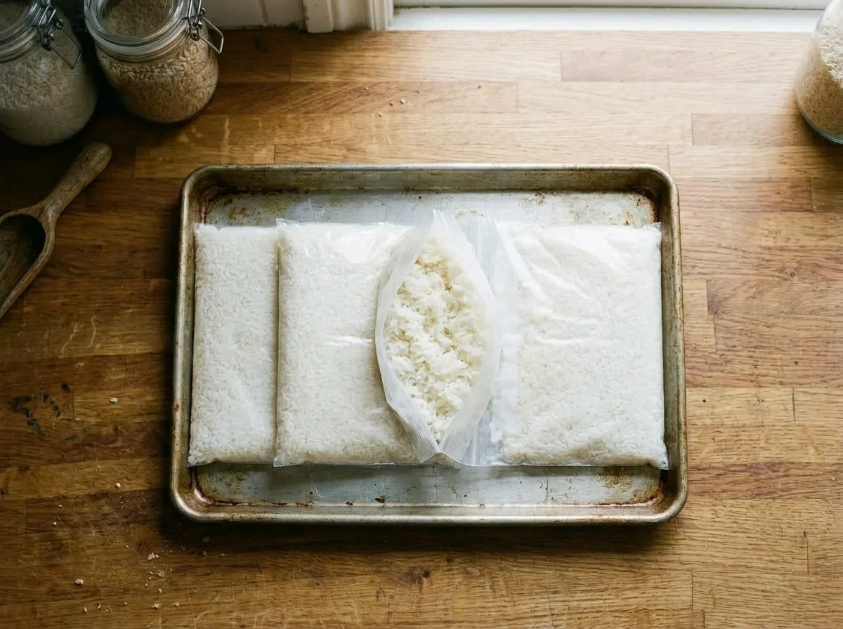 Cooked white rice frozen flat in four plain portion bags on a metal tray.