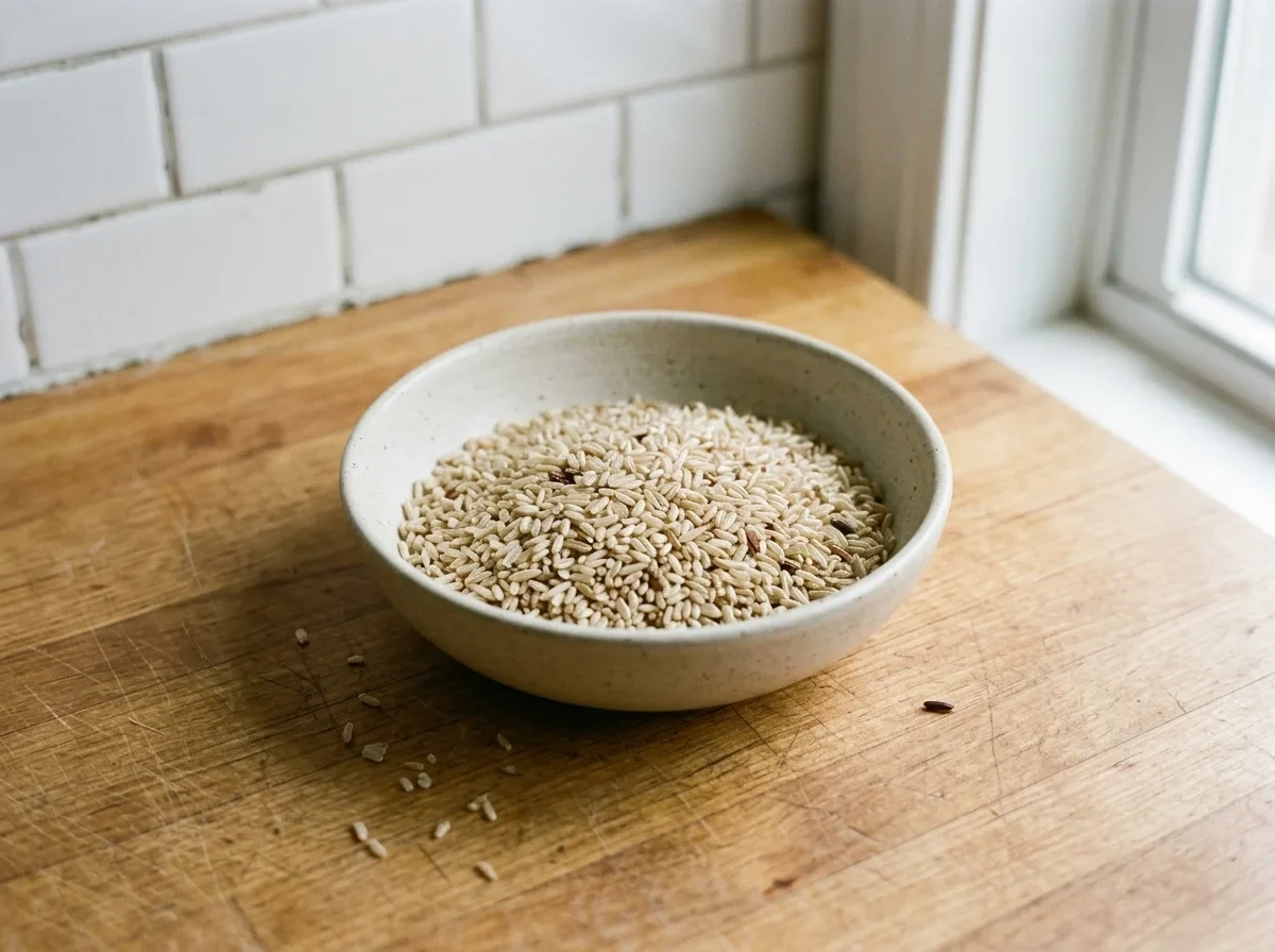 A shallow bowl of raw brown rice looking dull and dusty rather than glossy.