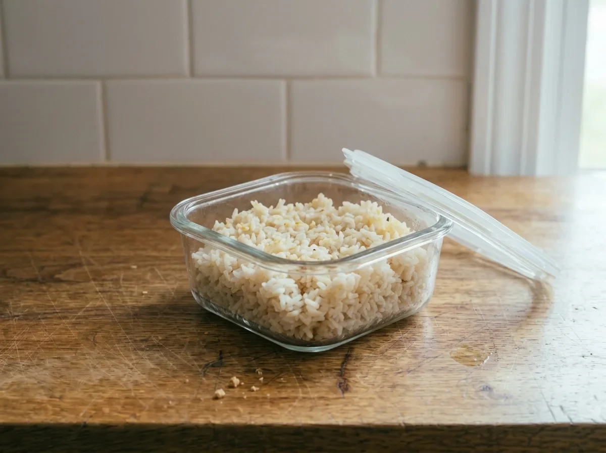 Cooked white rice in an open glass container, dried and separated on top.