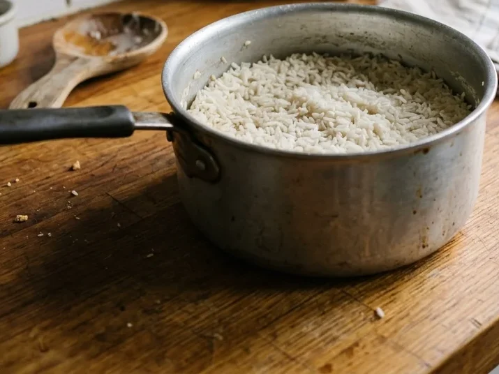 A saucepan of cooked rice left uncovered on the counter, the surface dried over.