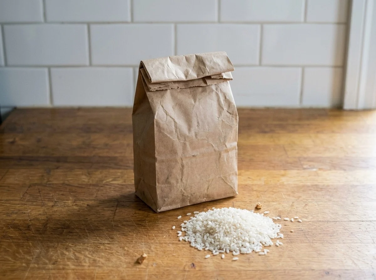 A long-stored paper bag of white rice with clean dry grains poured out beside it.