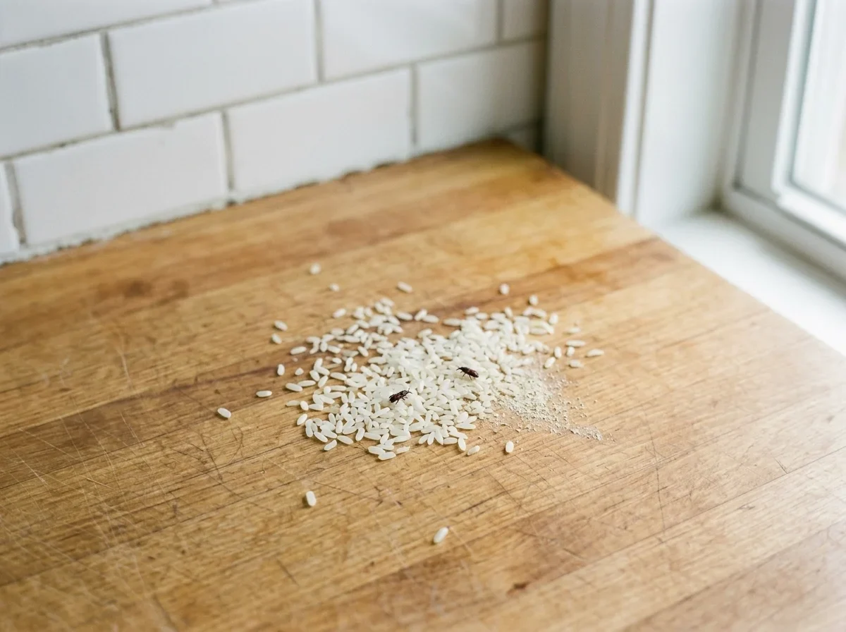 Two tiny reddish-brown weevils among raw white rice grains on a counter.