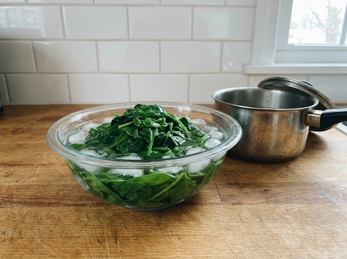Bright green blanched spinach cooling in a glass bowl of ice water beside a saucepan.