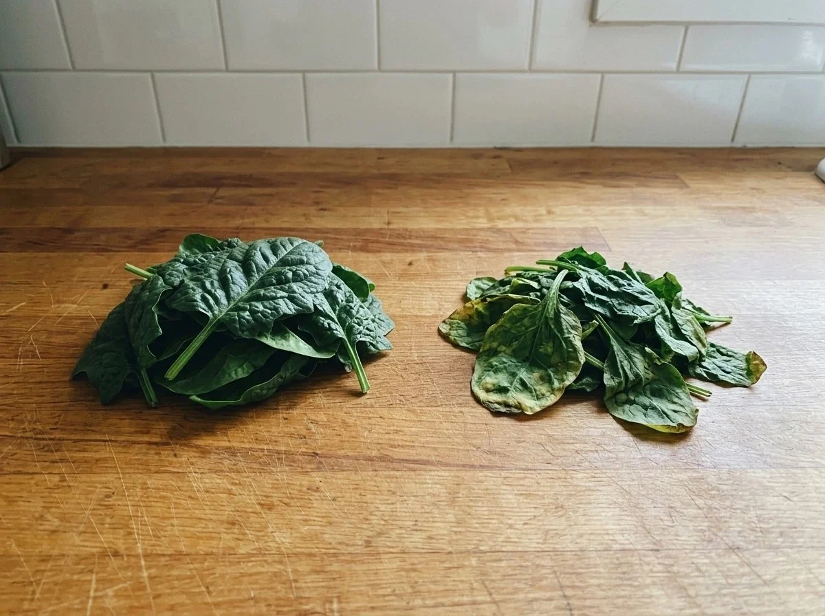 Two piles of spinach on a counter: one crisp and dark green, the other limp with a few yellowing leaves.