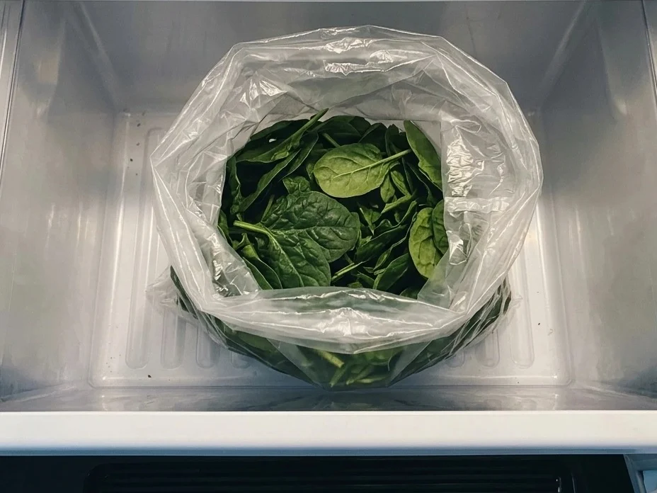 How to store spinach in the fridge: loose leaves in a loosely open produce bag in the crisper drawer.