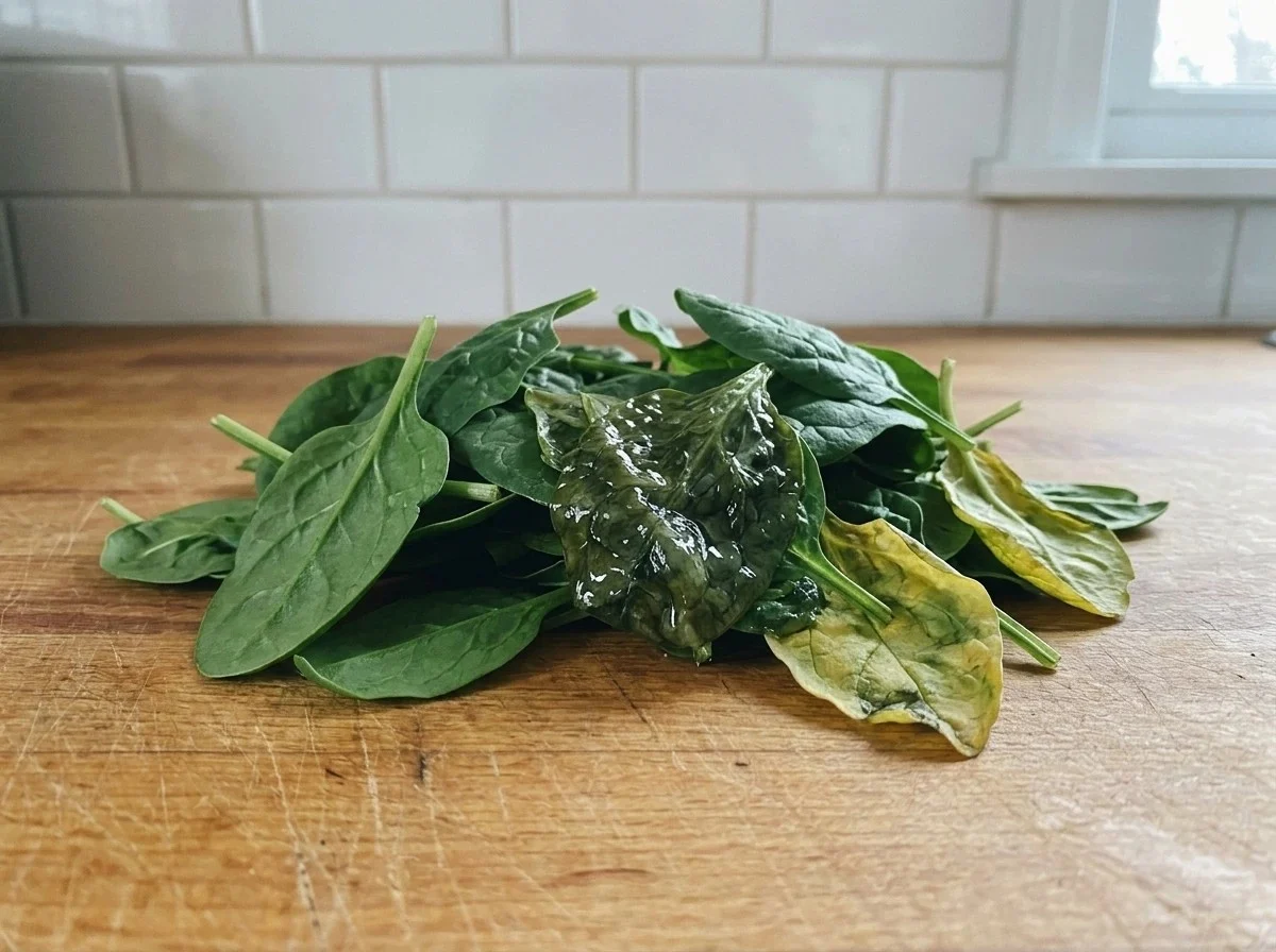 A pile of spinach with several dark, wet, slimy leaves and two yellow ones among the green.