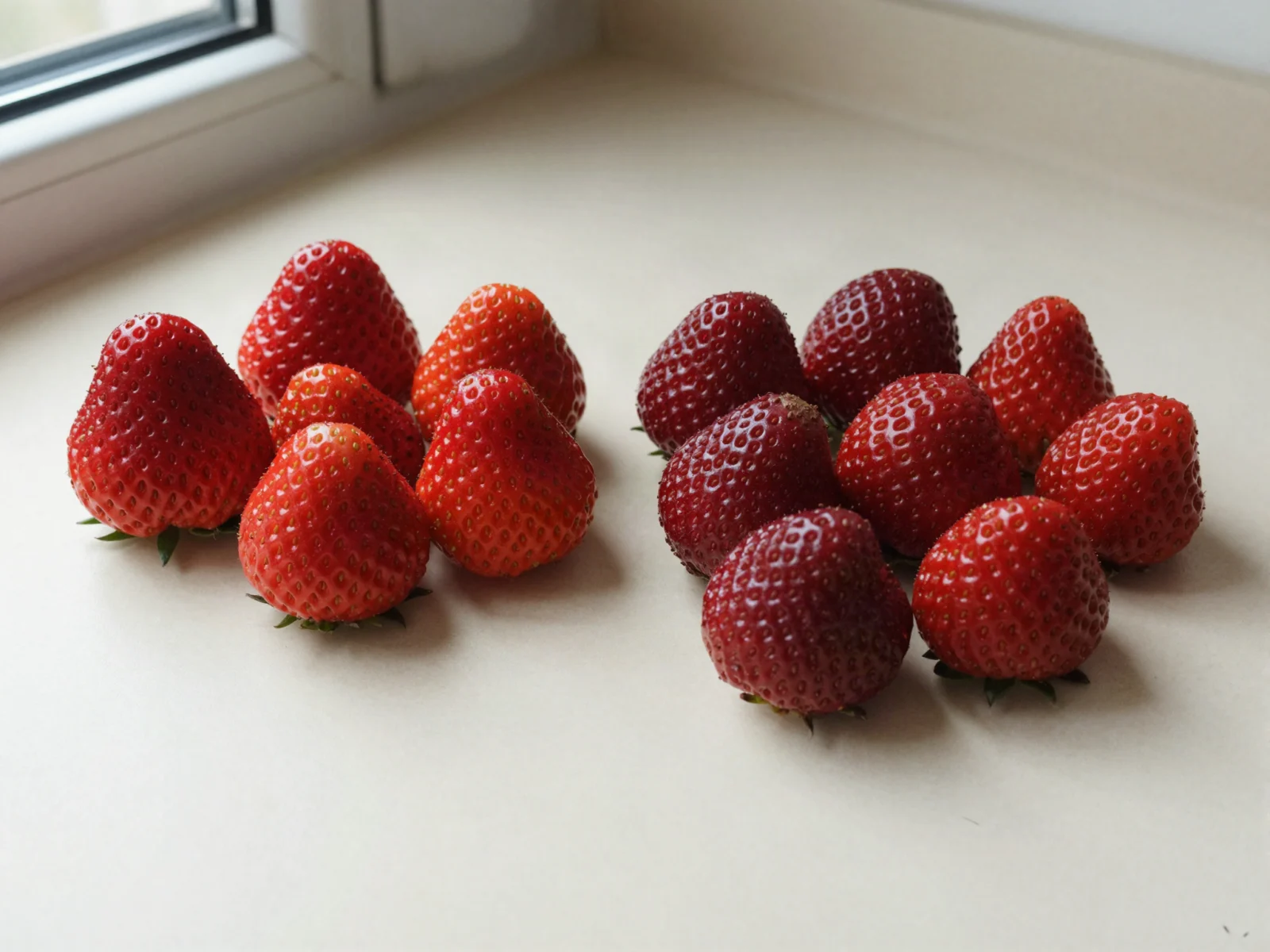 Bright red, firm strawberries beside a group of darker, older strawberries.