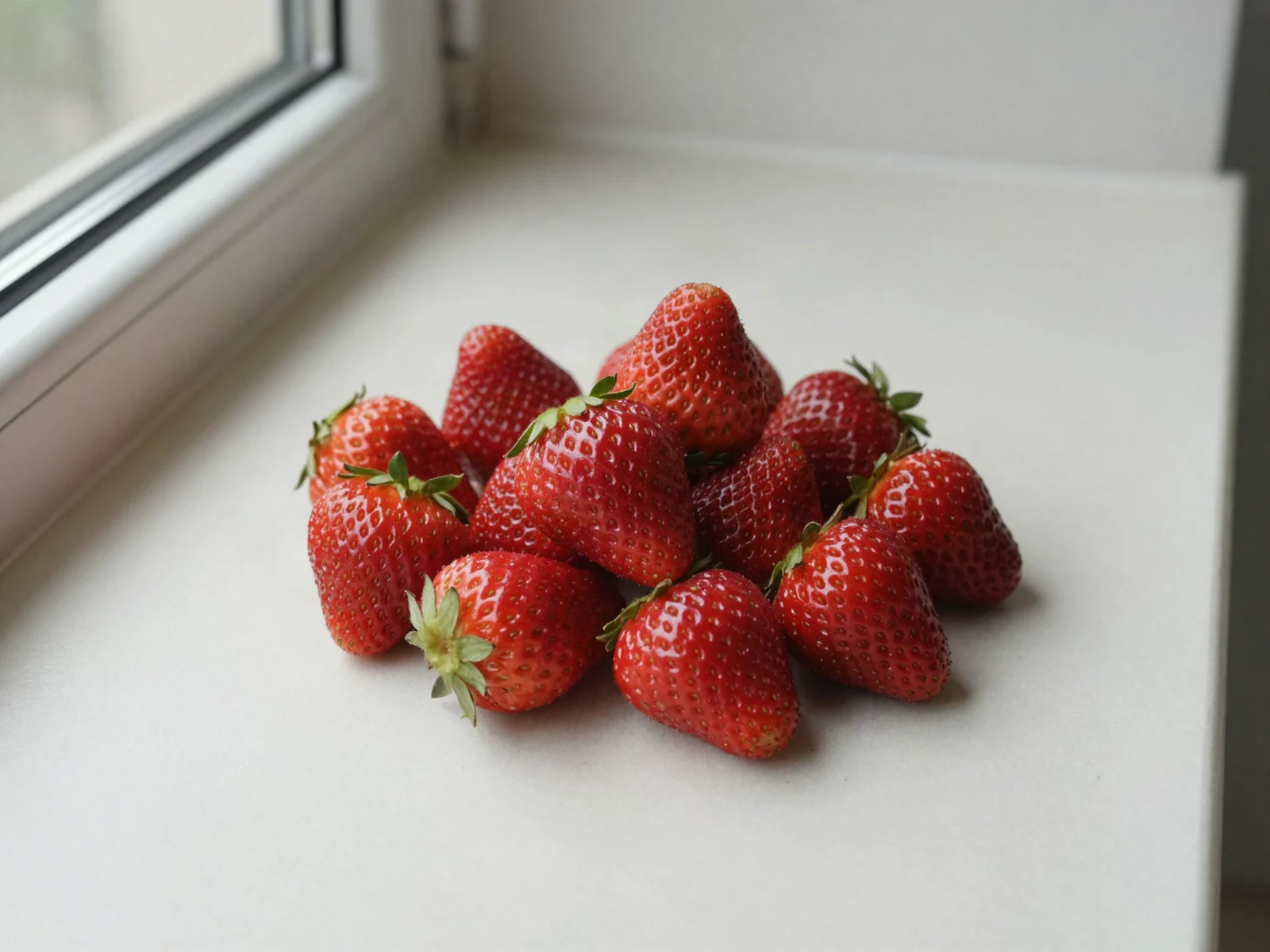 A pile of fresh, bright red strawberries with green caps.