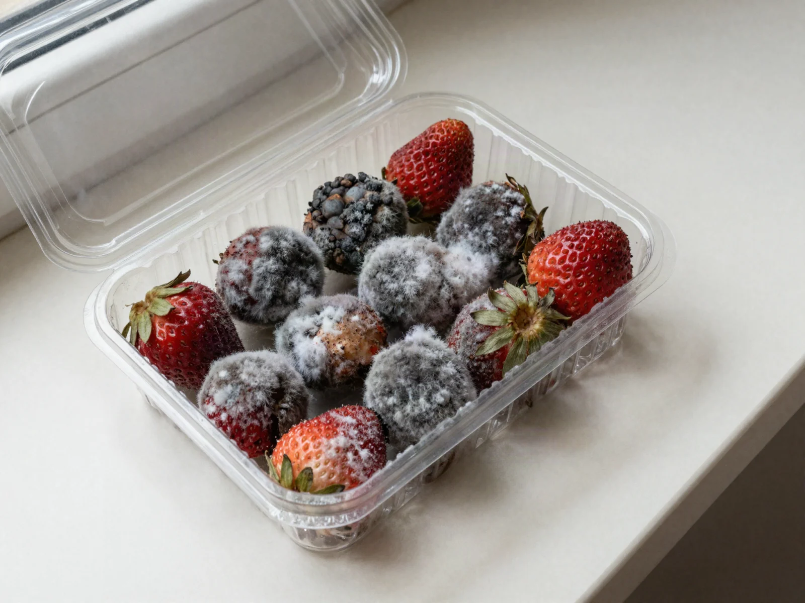 A clamshell of strawberries with gray fuzzy mold spread across most of the berries.