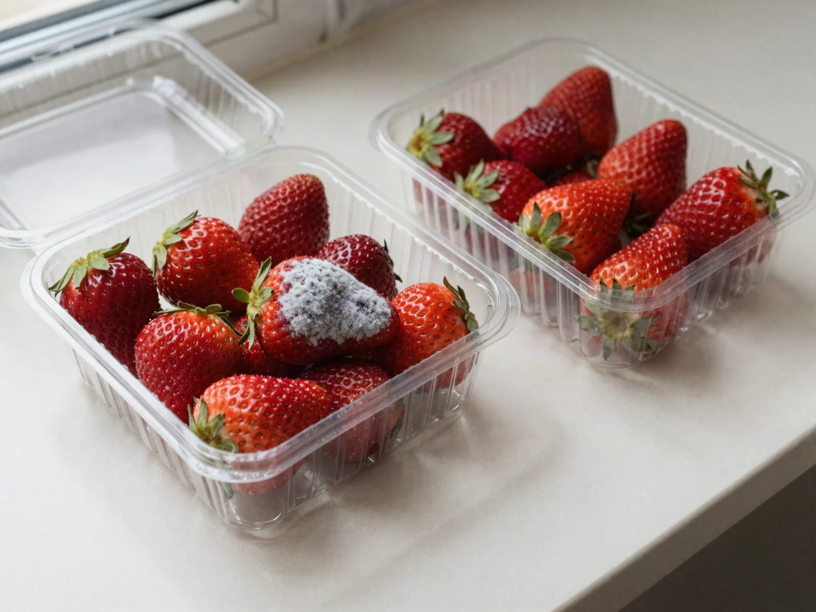 A clamshell of fresh strawberries with one berry covered in gray-white mold.