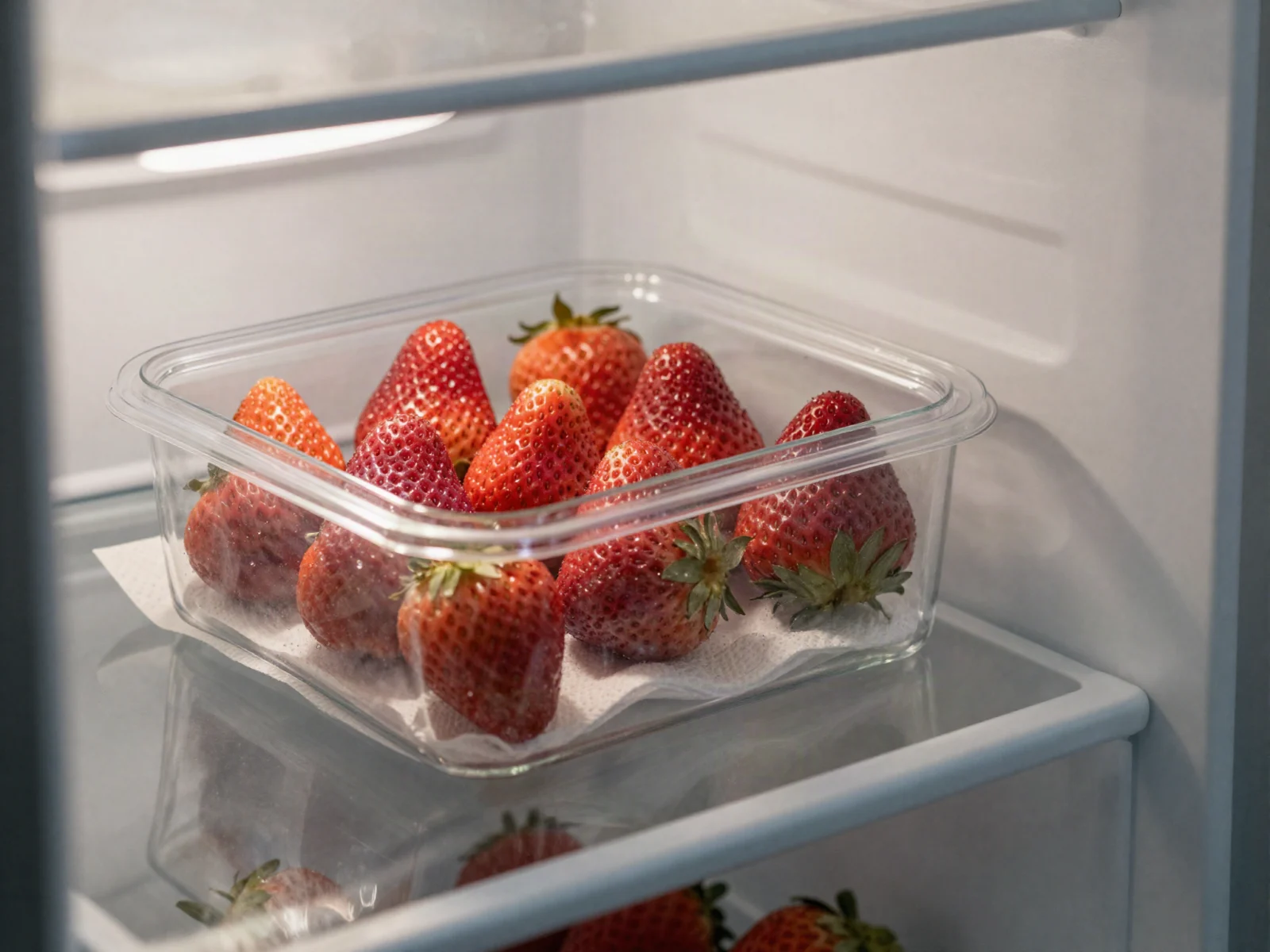 How to store strawberries: unwashed strawberries in a glass container lined with a paper towel, inside a refrigerator